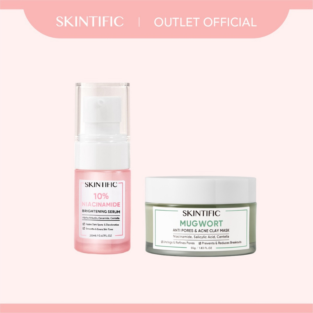 【Skintific Outlet Official】SKINTIFIC Brightening Acne Set Glowing Paket Skincare Niacinamide Serum + Mugwort Clay Mask with 10% Niacinamide/Salicylic acid  Skin Barrier【BPOM】