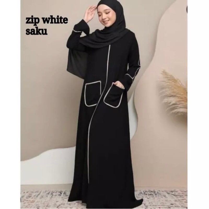 GAMIS ABAYA MUSLIM ZIPER WHITE SAKU (BUSUI)