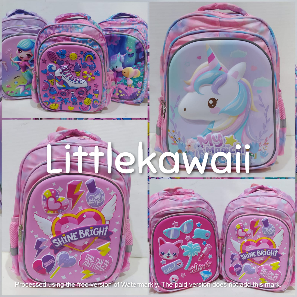 LK/Tas Ransel Sekolah Anak Perempuan Laki Laki Hardcase Kotak Kantong Depan Resleting Unicorn Mermaid Cat Shine TK PAUD SD Mix Impor