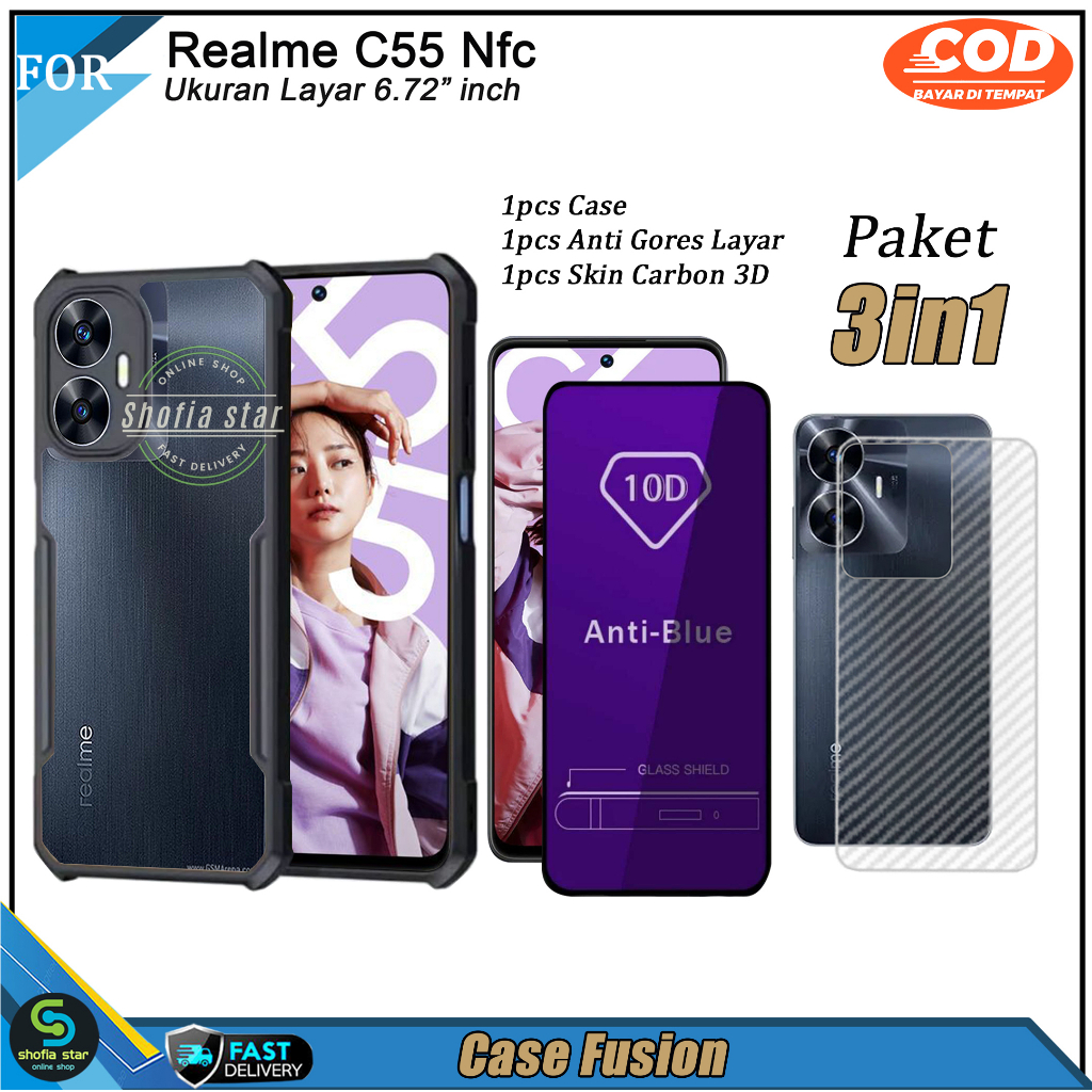 PAKET 3in1 Case Realme C55 NFC C53 NFC Soft Case Fusion Shockproof Transparan Casing