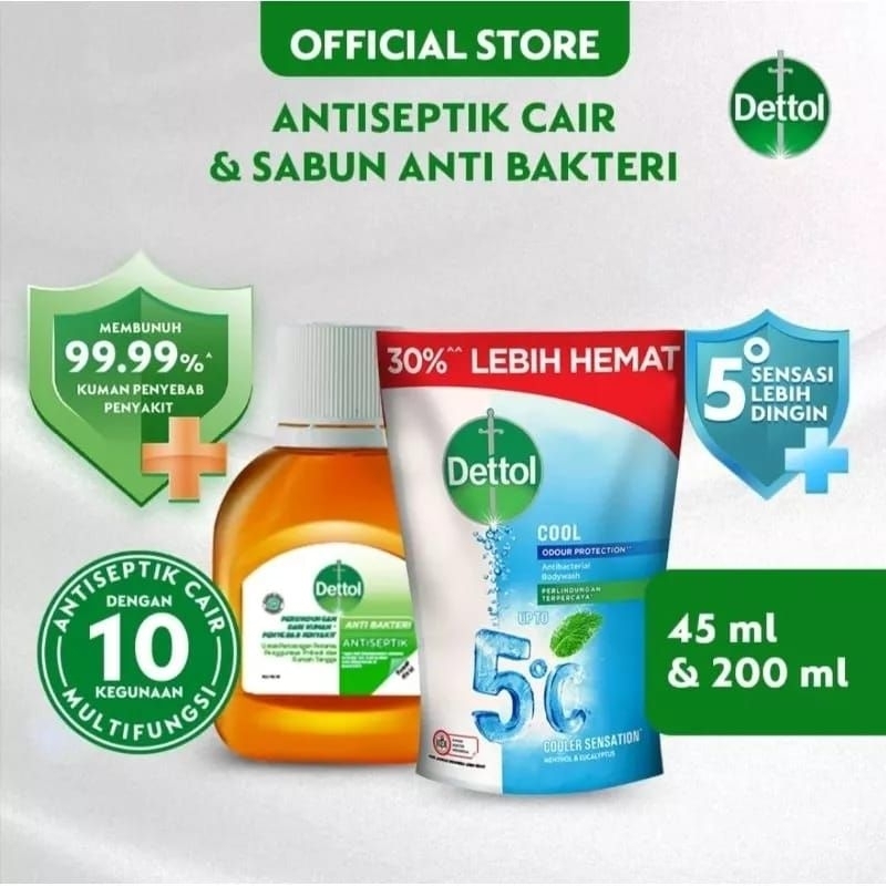 Kemasan Bundle Dettol Antiseptik 45ml dan Dettol Sabun Mandi Cair Cool 200ml