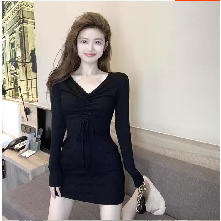 DR783 New Model Knit Rok Dress Fashion Wrap Body Shape New Sleeve Panjang Rok Dress