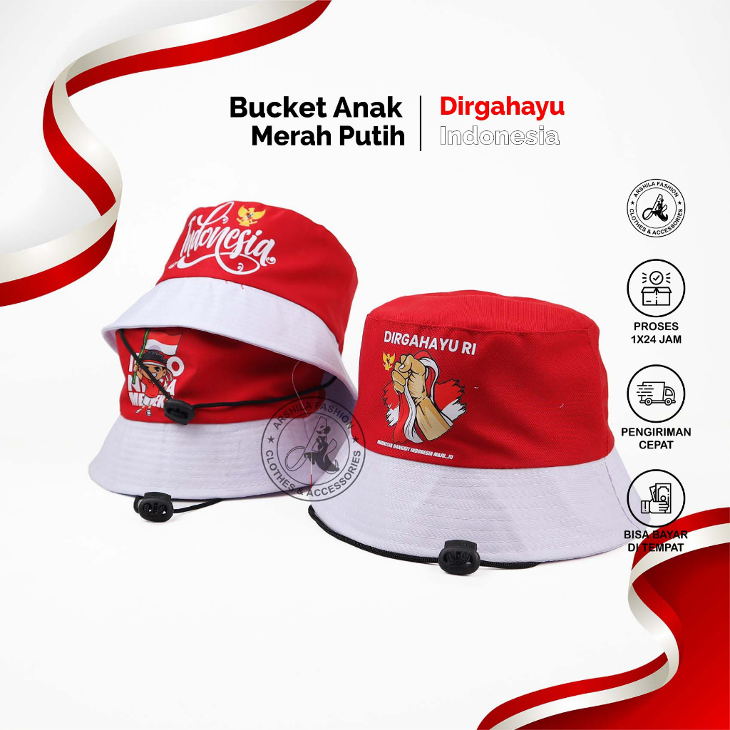 Topi bucket Anak Laki Laki Perempuan sablon Indonesia HUT RI