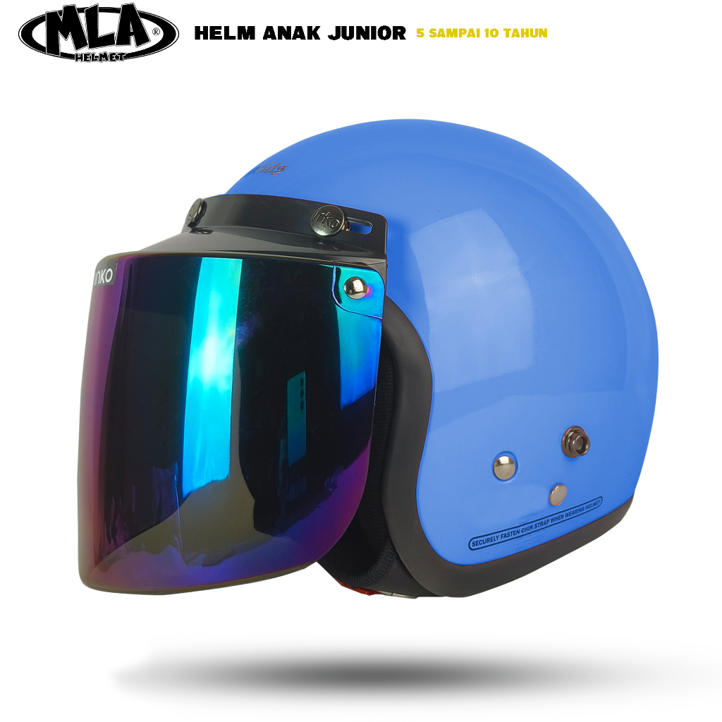 Helm Bogo Anak Junior Full Leher Kaca Datar Pelangi Silver Hitam SNI Untuk Anak Usia 5-10 Tahun Cod