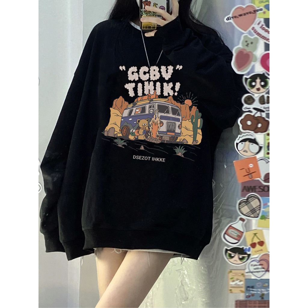 EUNII Sweater Lengan Panjang Cartoon Desert Car Printing Korean Style/Sweater Crop/Baju Wanita/Switer Wanita/Switer