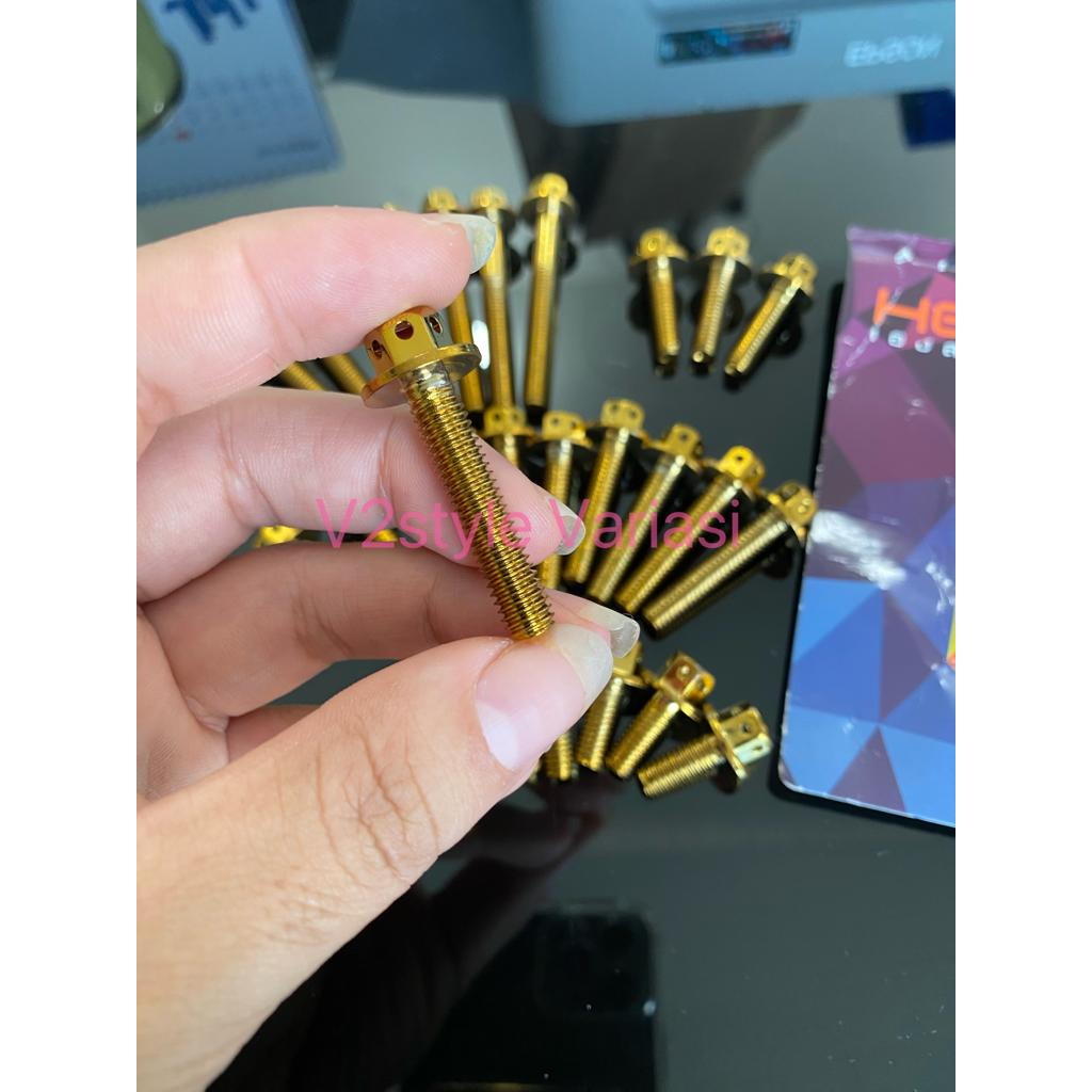 SET BAUT PROBOLT NINJA R NINJA RR GOLD FLOWER BAUT CVT BLOK MESIN SET NINJA RR NEW NINJA 150 R ISI 28 PCS HENG STANLES IMPORT BERKUALITAS WARNA GOLD ORI KANAN KIR