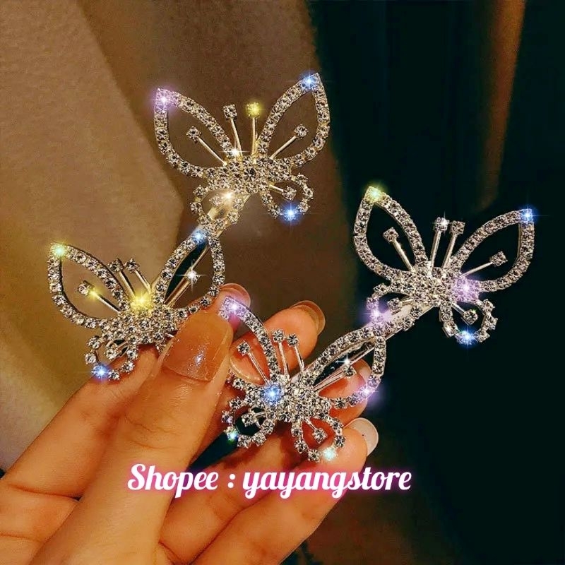 Jepit Kupu Kupu / Jepitan Rambut Kupu Kupu Kristal / Butterfly Hairclip / Mahkota Aksesoris Pin Klip Rambut Model Kupu Kupu Wanita Mewah Dan Elegan / Jepit Rambut Pesta