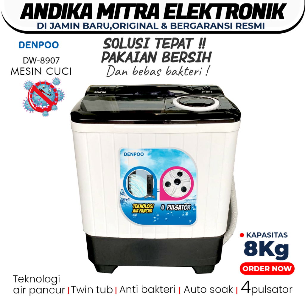 DENPOO MESIN CUCI DW 828 4P 8KG 2 TABUNG TERBARU ANTI BAKTERI DAN HEMAT LISTRIK