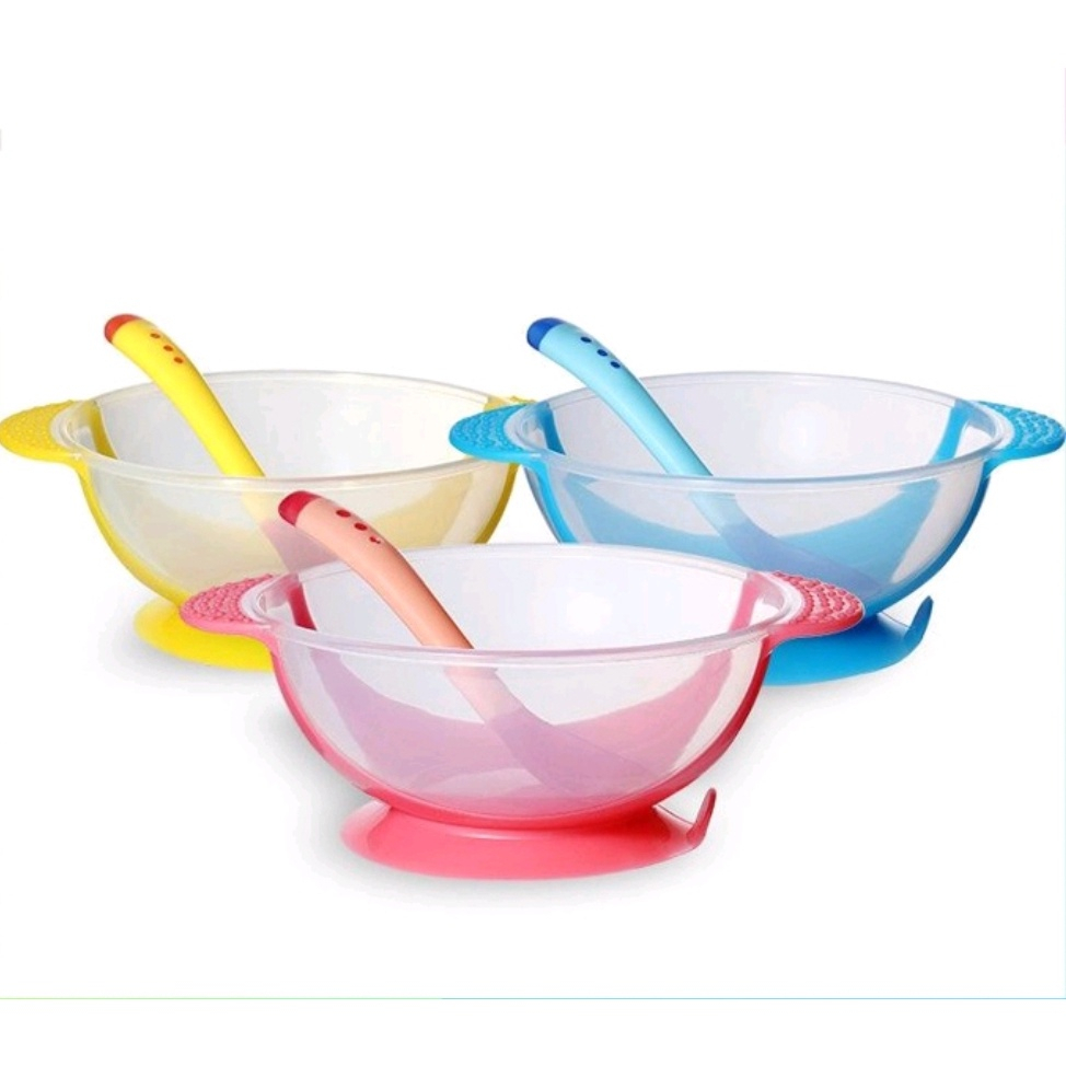 SET MANGKOK SENDOK BAYI SENSOR PANAS ANTI TUMPAH ANTI PANAS ANTI SLIP / ALAT MAKAN SET BAYI MPASI / SET MANGKOK SENDOK MAKAN ANAK SILICONE BPA FREE