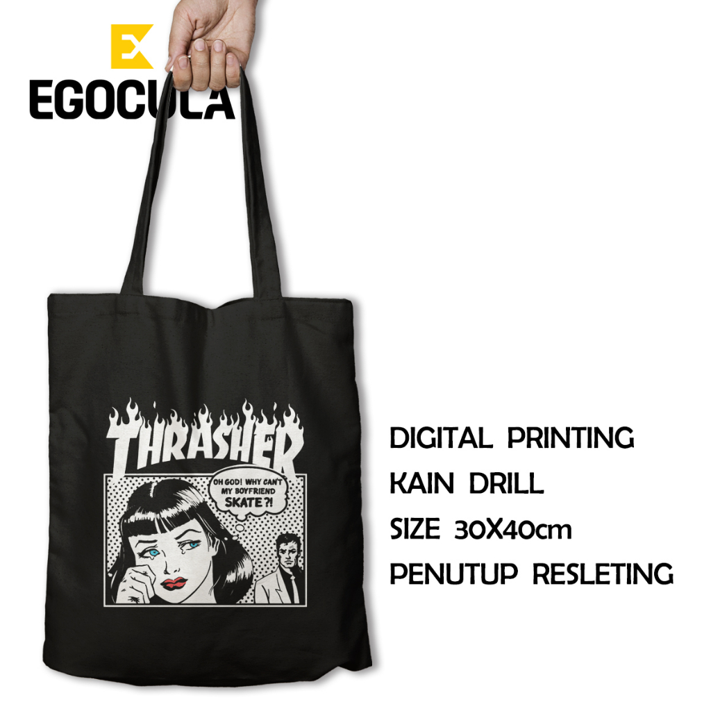 EGOCULA Tote Bag Thrasher Boyfriend Skate Pria Wanita Tas Jinjing Sekolah Kuliah Resleting 30x40