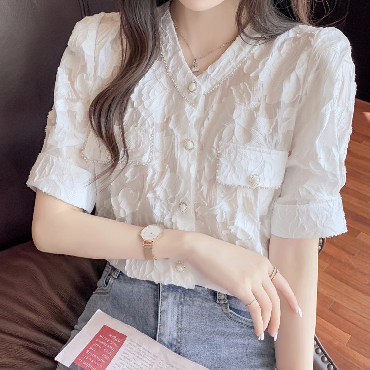 MOOGU ♡ Kemeja korea blouse tipis lengan pendek wanita atasan