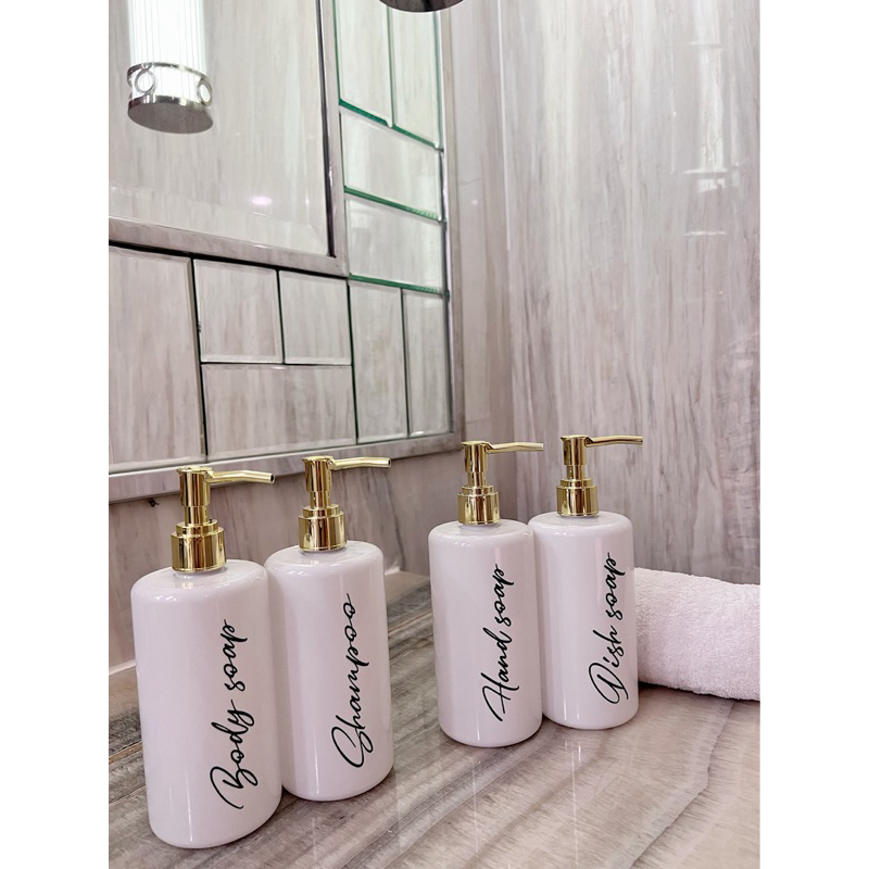 botol PUTIH GLOSSY 500ml EXCLUSIVE STIKER HITAM SILVER LUXURY . BISA CUSTOM STIKER tempat sabun cair pump aesthetic bottle minimalist refill bathroom dispenser hand soap dapur estetik