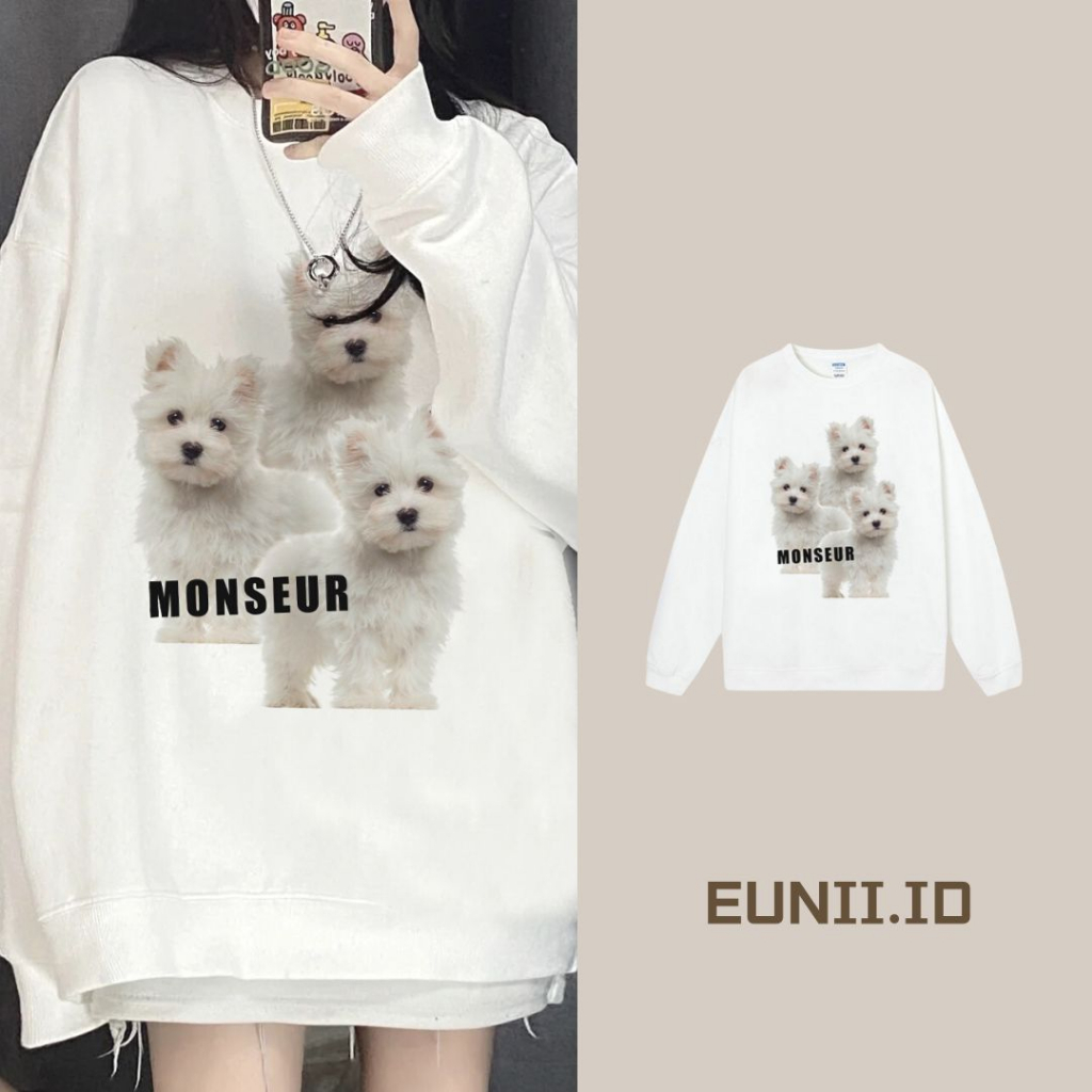 EUNII Sweater Lengan Panjang Cartoon Monseur Dog Printing Korean Style/Sweater Crop/Baju Wanita/Switer Wanita/Switer