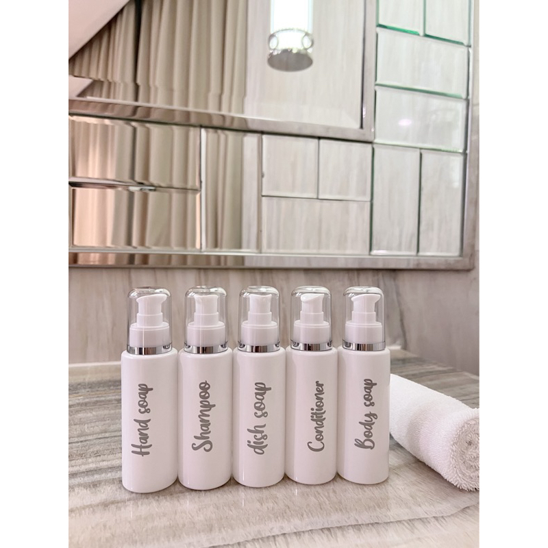 BOTOL TRAVEL SIZE PUTIH EXCLUSIVE 100ML  SILVER KECIL PUMP ROSE GOLD LONG PIPE BISA CUSTOM . travelling bottle aesthetic tempat sabun cair dispenser liquid soap esteteik