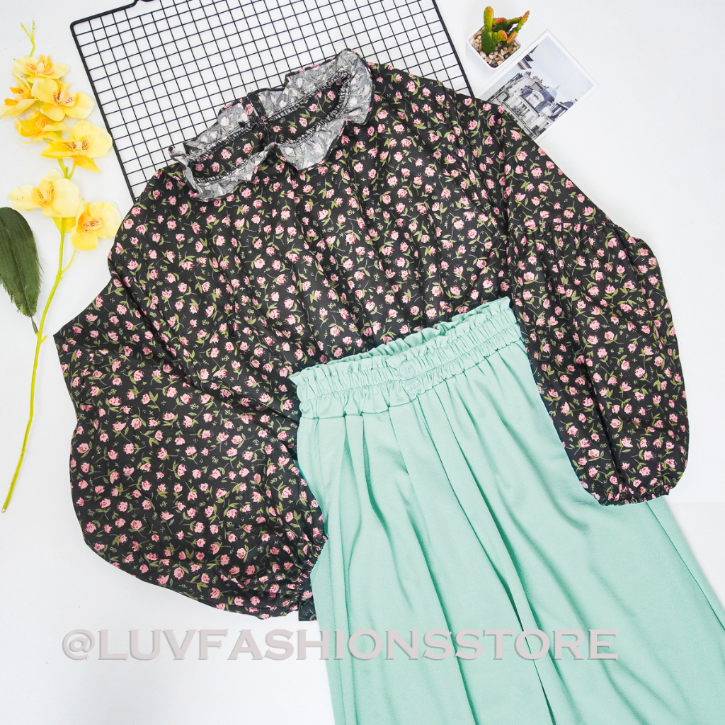 IL - SETELAN WANITA BLOUSE SANY MOTIF ROSE COMBI KULOT KANCING CREPE PREMIUM / ONE SET WANITA TERBARU MOTIF FLORAL