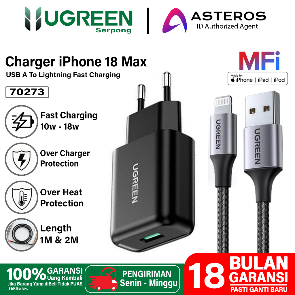 UGREEN Charger Mfi iPhone 5 6 7 8 X Xr Xs USB Lightning Fast Charging 10w 20w