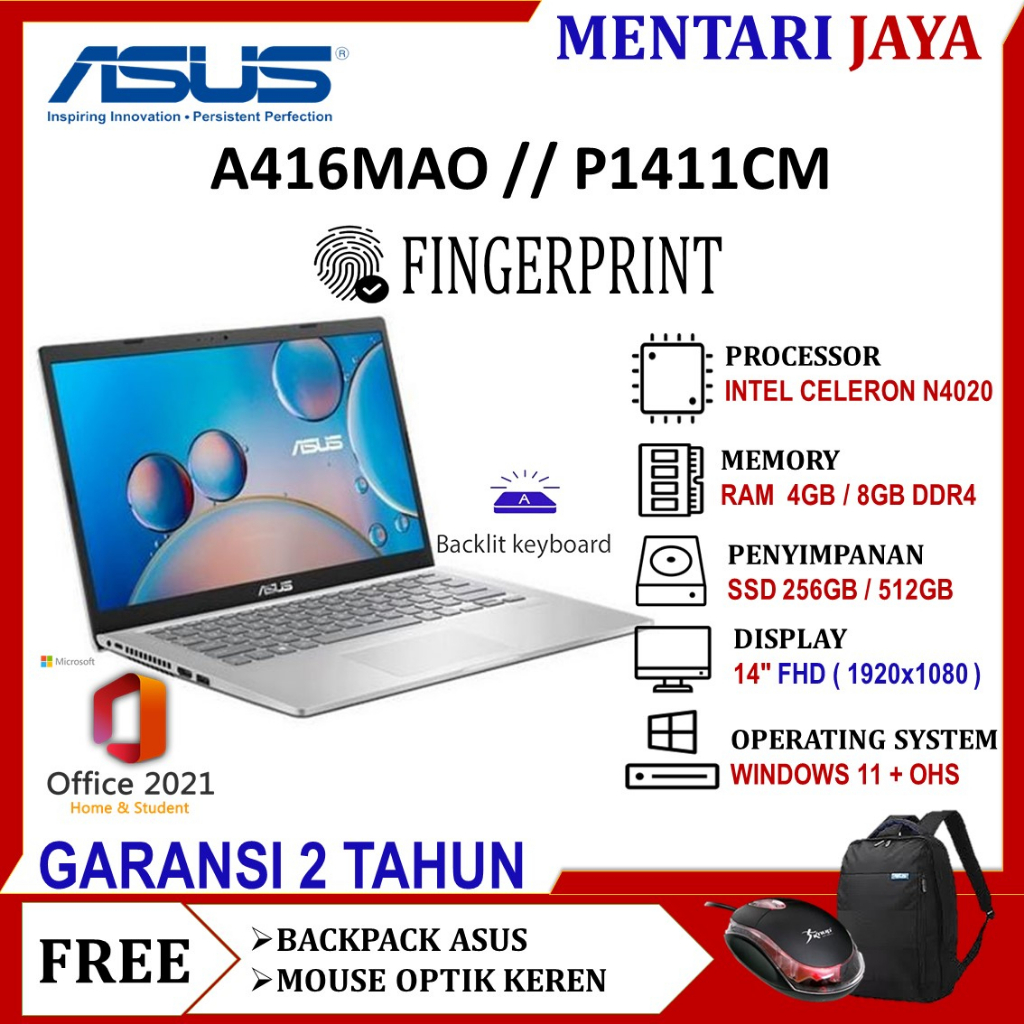 Laptop Murah Baru ASUS VivoBook P1411CM INTEL N4020 4GB 256GB ssd 14 FHD Windows 10 + OHS