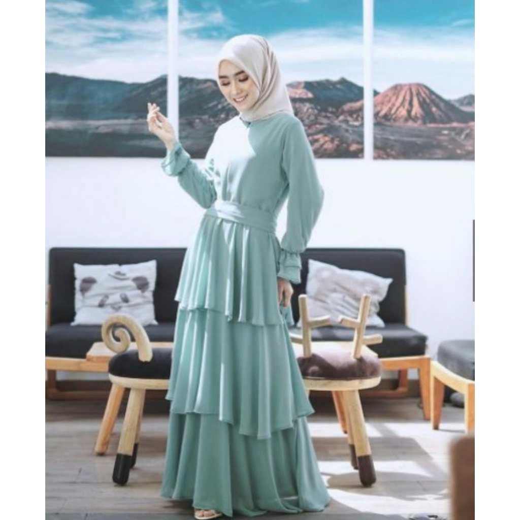 (Promo) Fashion Dress Muslim Wanita Gamis Kenza Long Dress Grosir Populer Muslimah-Hijau Sage
