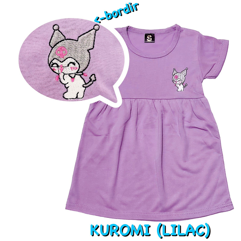 (1 KG MUAT 13 PCS) BAJU DRESS/DASTER ANAK KIDS PEREMPUAN/CEWEK BAHAN KAOS KATUN BORDIR LILAC/UNGU KUROMI/SANRIO