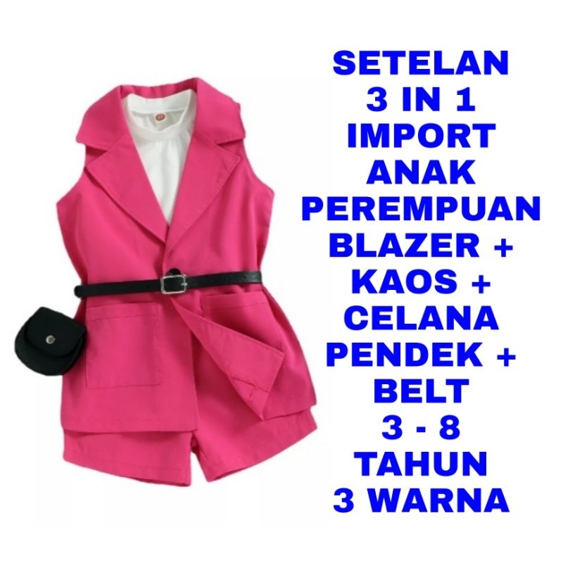 WK SETELAN IMPORT 3 IN 1 KAOS BLAZER CELANA PENDEK BELT ANAK PEREMPUAN FASHION KOREA TERBARU