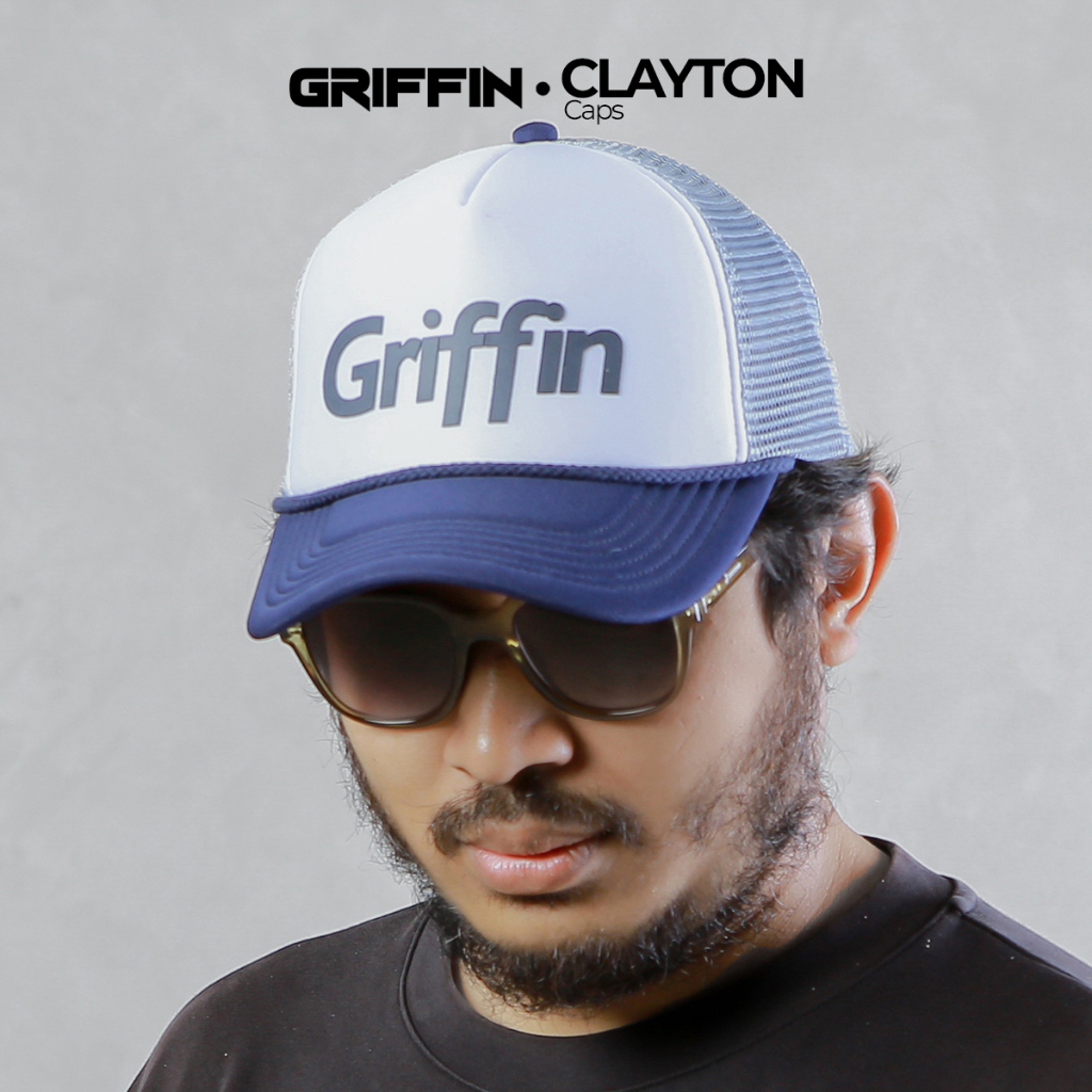 Topi Trucker Pria Wanita Unisex Putih Biru Keren Sablon Hi Density Timbul Clayton by Griffin