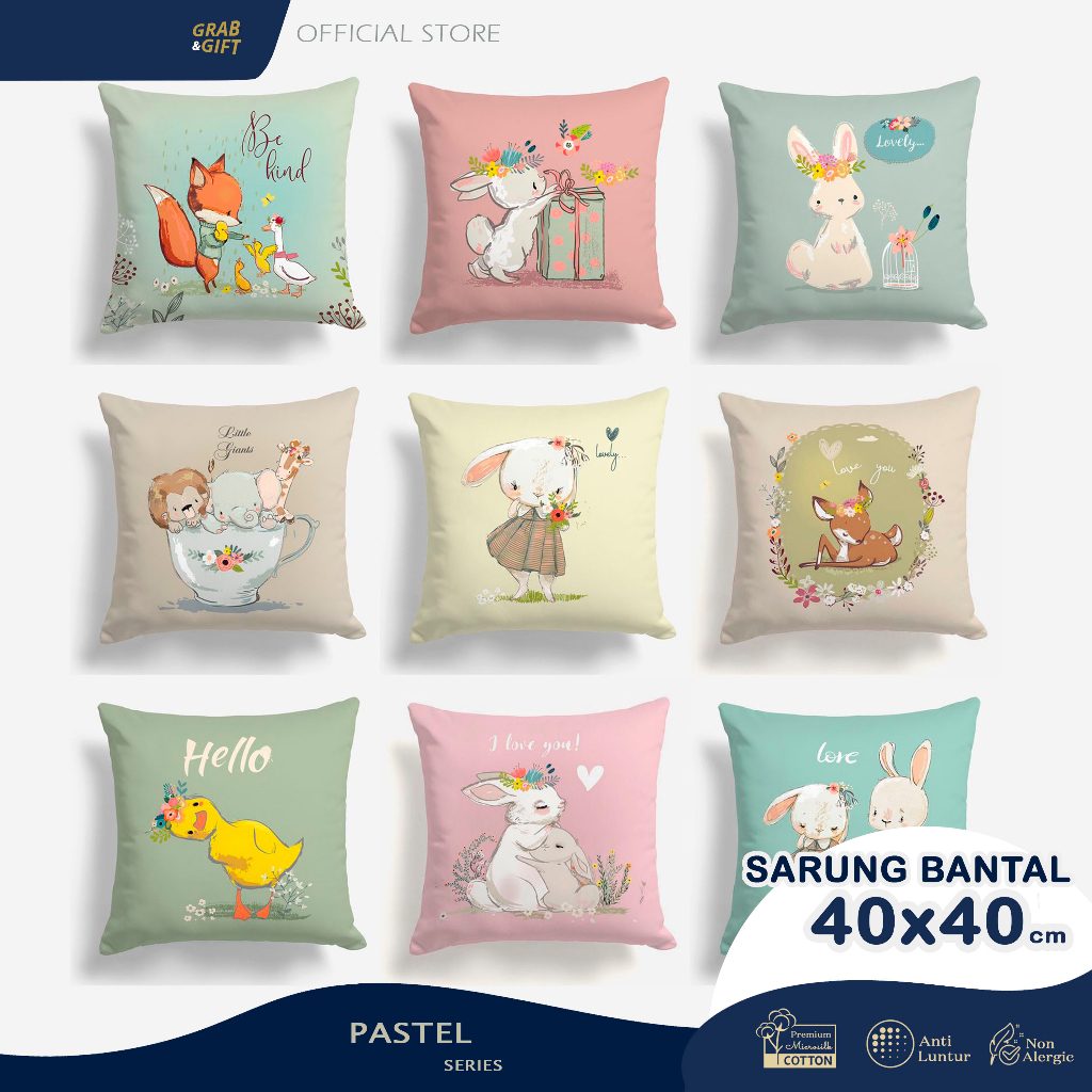 SARUNG Bantal Sofa Print Motif Lovely Pastel Bunny Fox Duck 40x40 cm