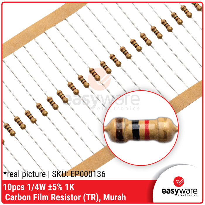 10pcs Resistor 1K Ohm 1/4W 5% Carbon Resistor 1K 0.25W 0.25 Watt Resistor Murah