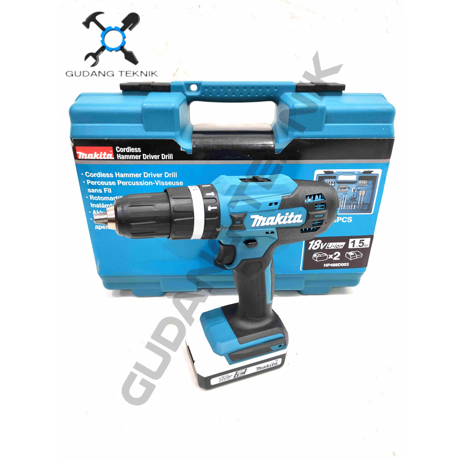 Mesin Bor Tangan BATERAI 13 mm HP488D MAKITA / CORDLESS Hammer Driver Drill Mesin Bor Besi Kayu Beton 13mm HP 488D MAKITA