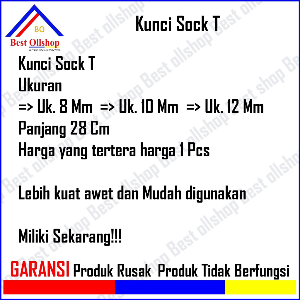 Kunci Sock T Hitam / T Socket Sok T Shock T Socket T Ukuran 8 10 12 MM Harga 1 Pcs