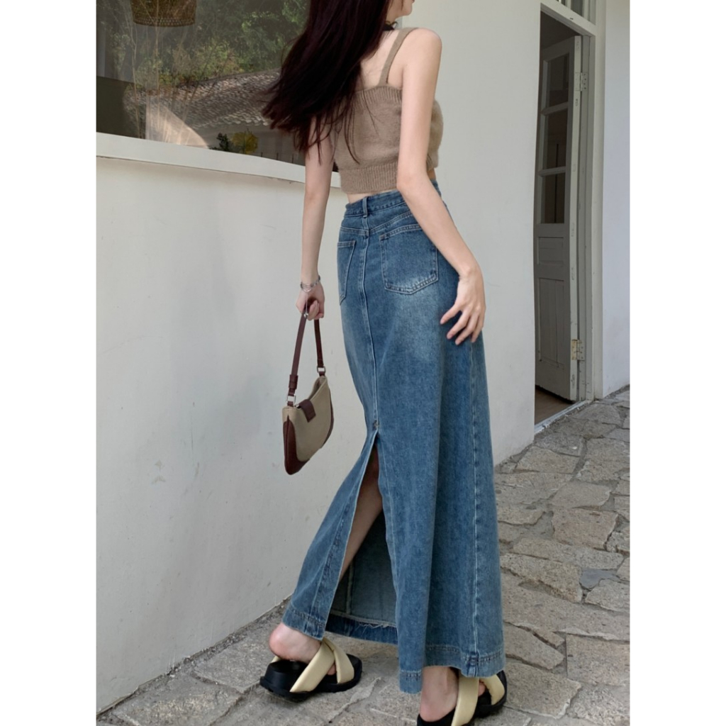 Korean style Rok dres Split a-line skirt Rok panjang denim a-line skirt  midi slit