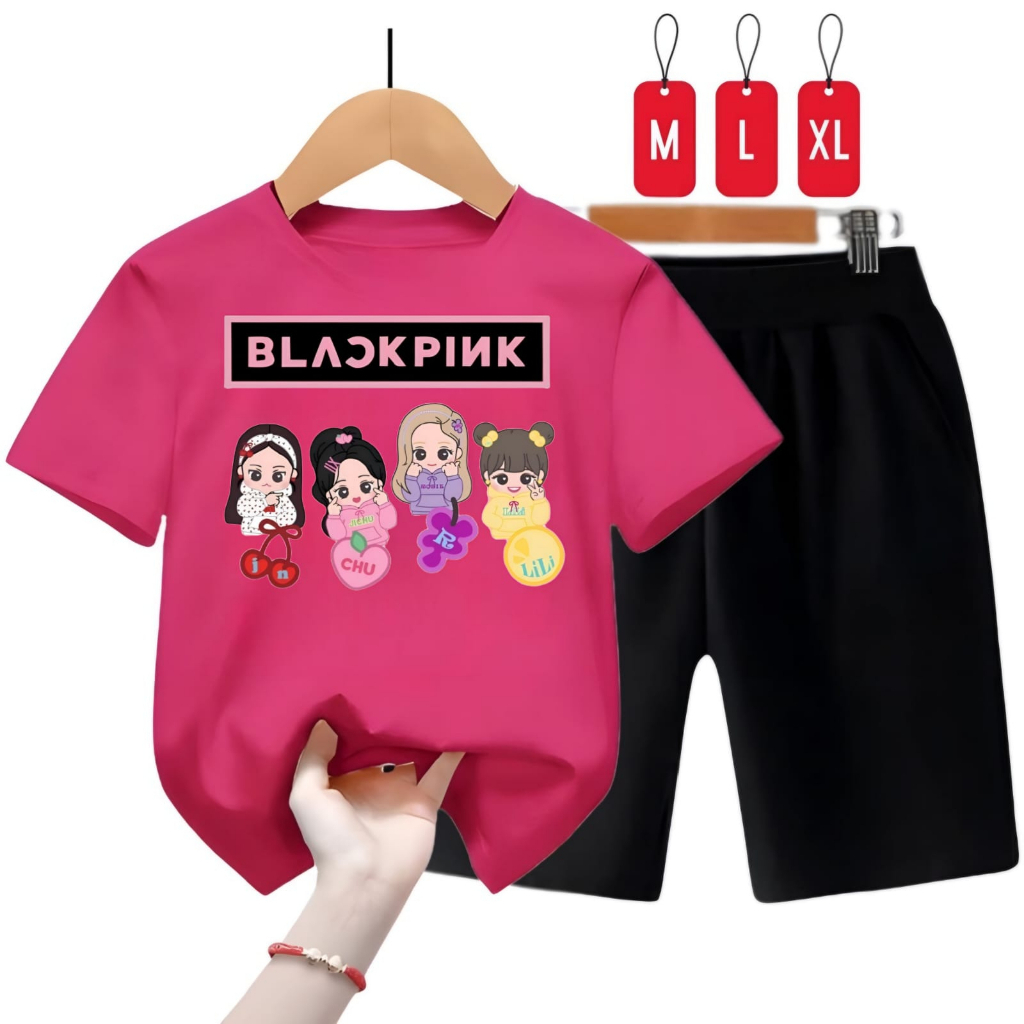 Hzl_outfit Setelan Kaos Anak Cewek B.Pink Kartun/Kaos Set Celana Pendek