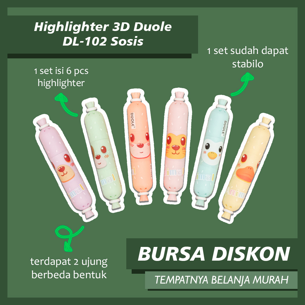 

Highlighter 3D Duole DL-102 Sosis 1 Set Spidol Pastel Marker Textlighter Textliner Makaron Pastel Penanda Halaman Buku