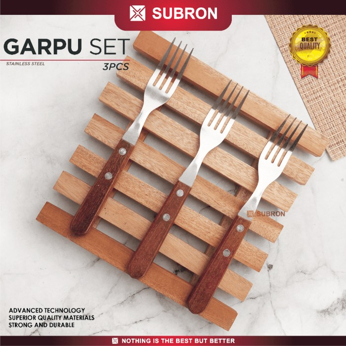 3Pcs Garpu Pisau Makan Steak Handle Kayu Stainless Steel - SUBRON