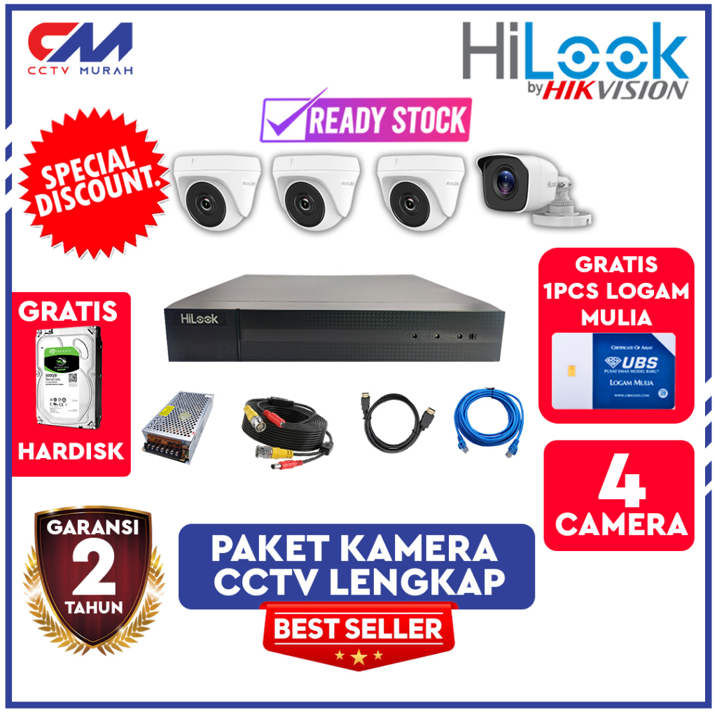 CCTV HILOOK PAKET 4 CAMERA 2MP RESOLUSI 1080 DVR 4 CHANNEL GARANSI RESMI 2 TAHUN