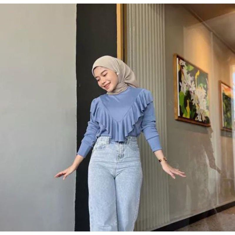 Nuna Blouse Layer Cotton Rib Atasan Wanita Lengan Panjang Rempel Depan Korean Style