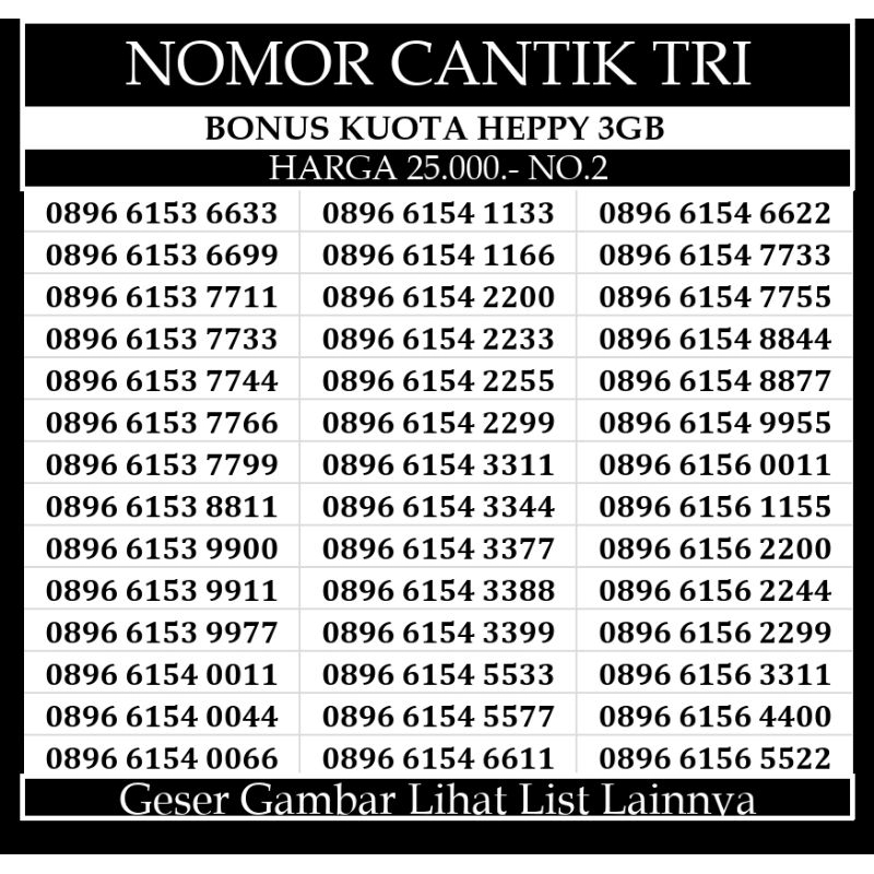 Kartu Perdana Tri 12 Digit Nomor Cantik Prabayar