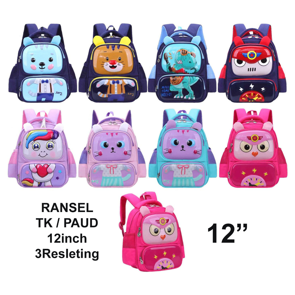 PROMO 10.10 TAS RANSEL ANAK SEKOLAH TK / PAUD / SD  PEREMPUAN DAN LAKI LAKI GAMBAR KARTUN ANIMAL HEWAN RABBIT DINO DINOSOURUS CAT DUYUNG GEMEZ dan KUDA PONY AJAIB  3Resleting Karet IMPORT ( Gemez Kumbang Happy 12&quot; MITE 13&quot;  )