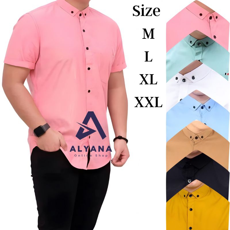 Kemeja Pria Lengan Pendek Polos Soft Pink Hem Polos Casual Formal