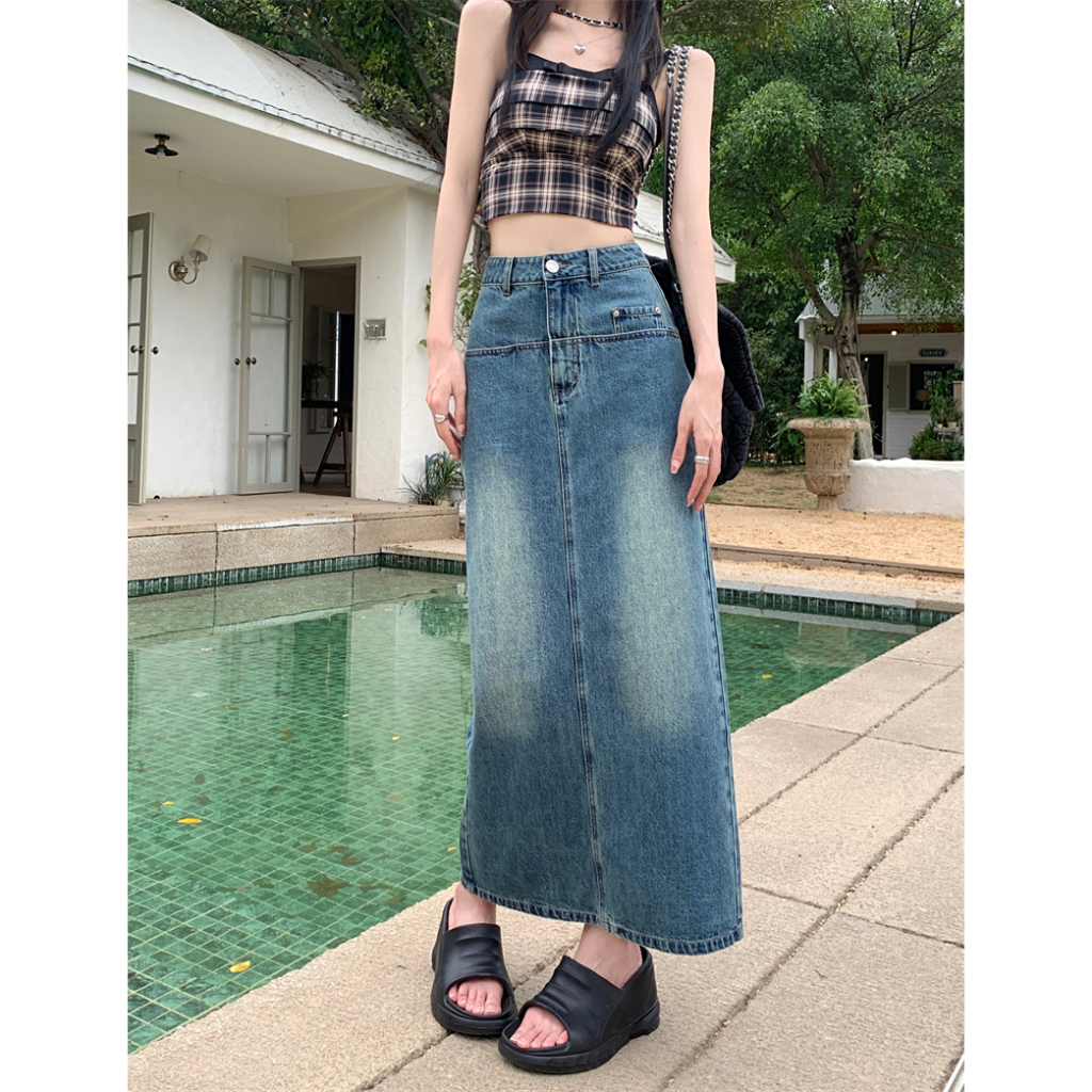 XIAOZHAINV Korean Style Denim Rok Panjang Wanita Skirts Setengah High Waist Biru 0796