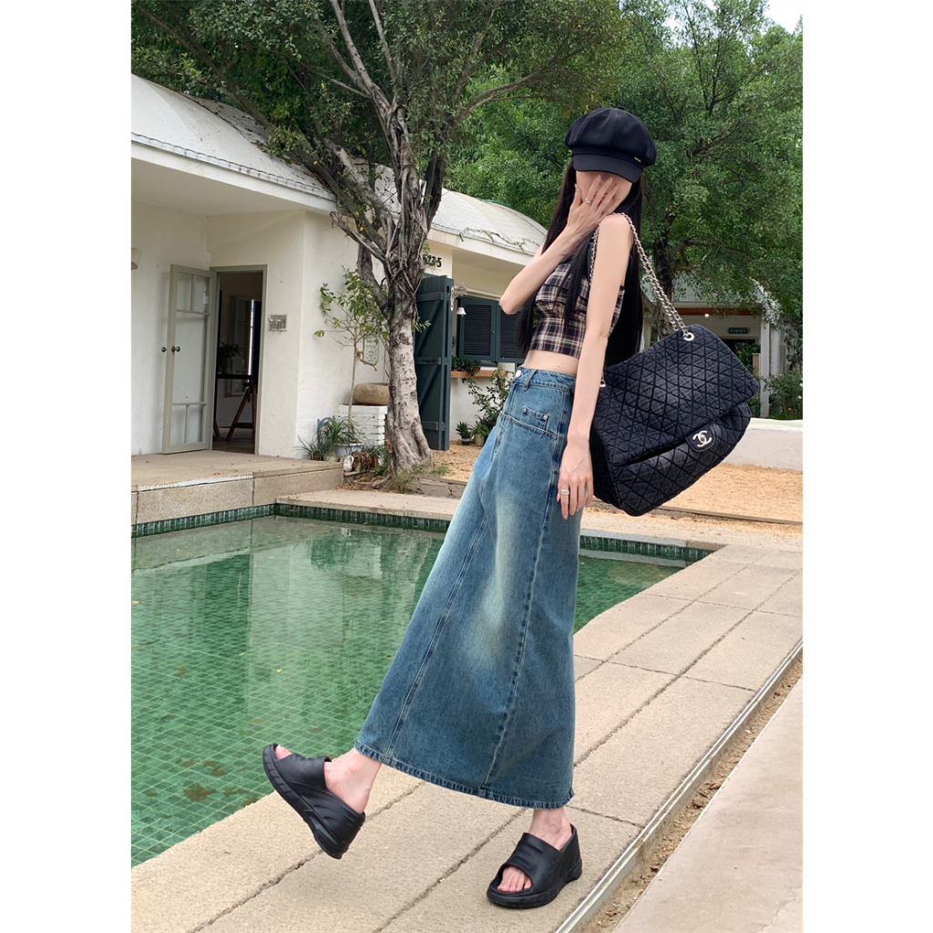 XIAOZHAINV Korean Style Denim Rok Panjang Wanita Skirts Setengah High Waist Biru 0796