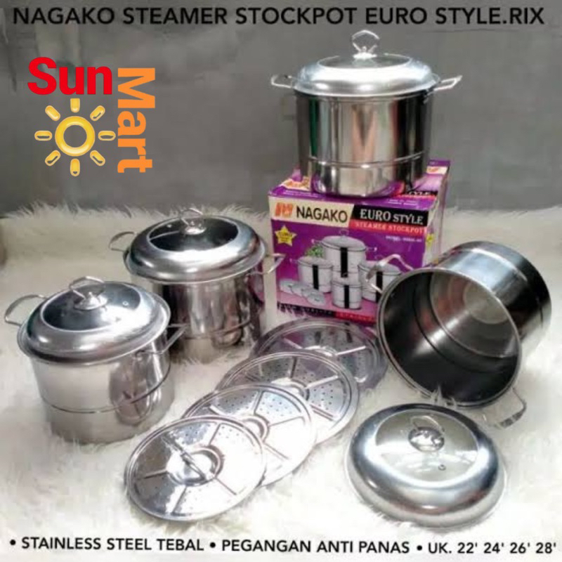 Panci Set Stockpot Steamer Nagako Stainless 4 pcs Euro Style Tutup Kaca