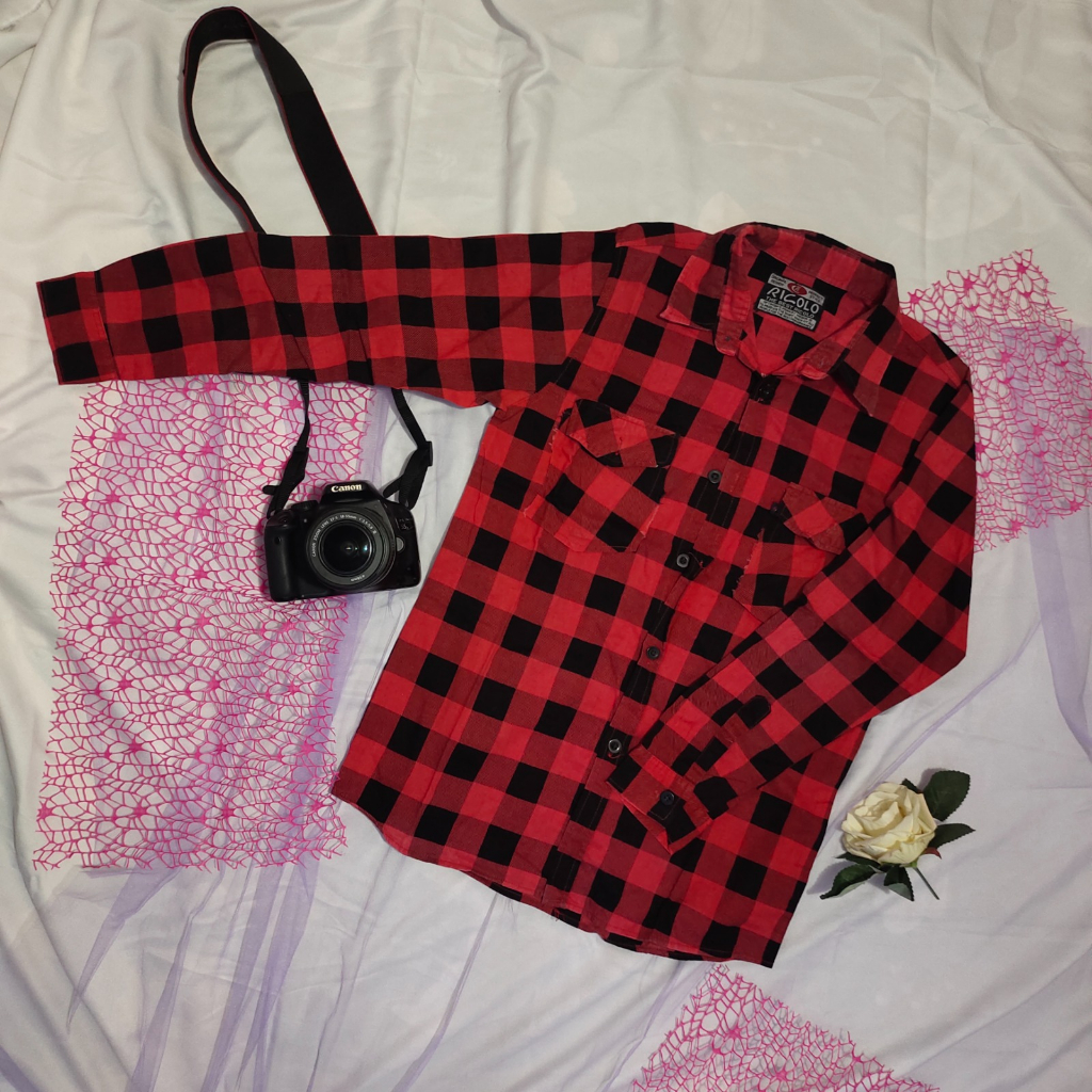 outer atau kemeja kotak-kotak merah hitam tangan panjang unisex