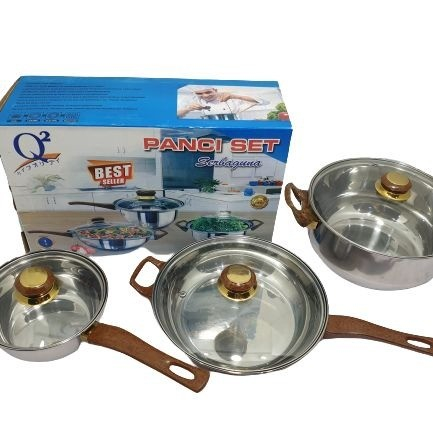 Q2 Cookware Panci Set Stainless Gagang Kayu Cookware Set Q2-7206