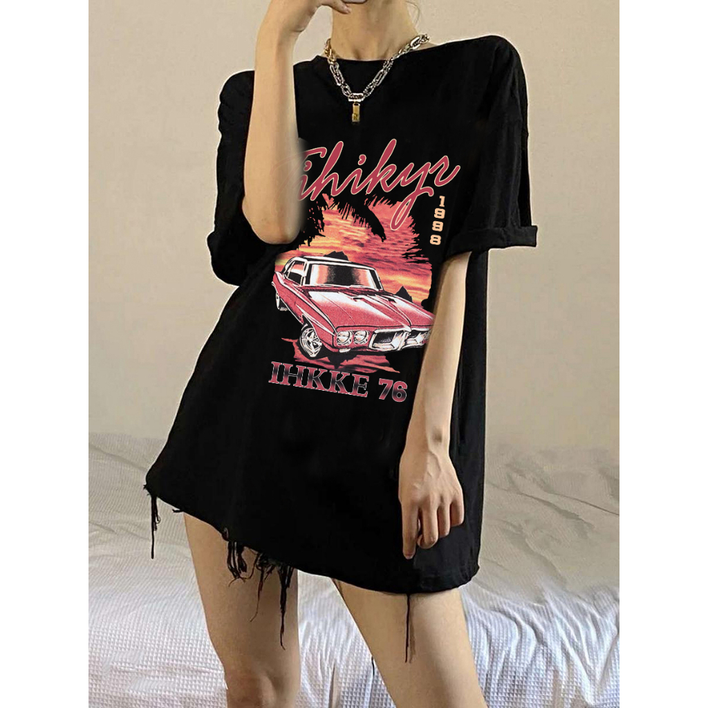 EUNII T-shirt Lengan Pendek Retro Racing Car Korean Style/Kaos Atasan Wanita/Baju Kaus Oversize Wanita/Kaos Wanita