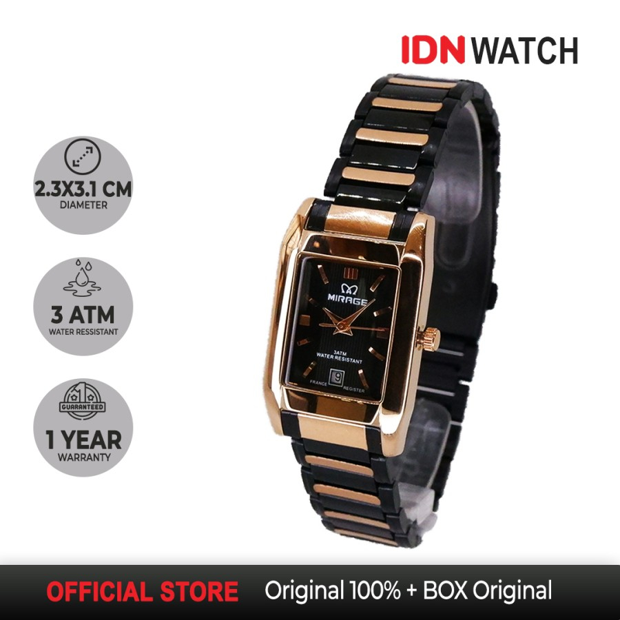 Jam Tangan Mirage Wanita Model Segi Petak Stainless Steel Anti Karat Hitam List Rosegold 7394 L