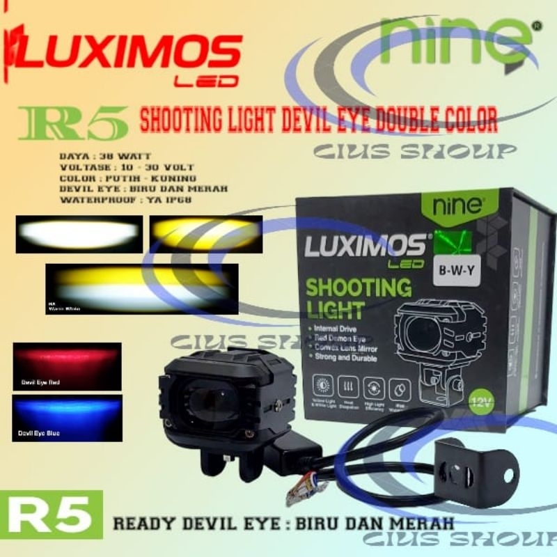 SHOOTING LIGHT R3 LUXIMOS 30W LAMPU SOROT 2 WARNA 3 MODE CAHAYA PUTIH KUNING WATERPROF MOTOR DAN MOBIL