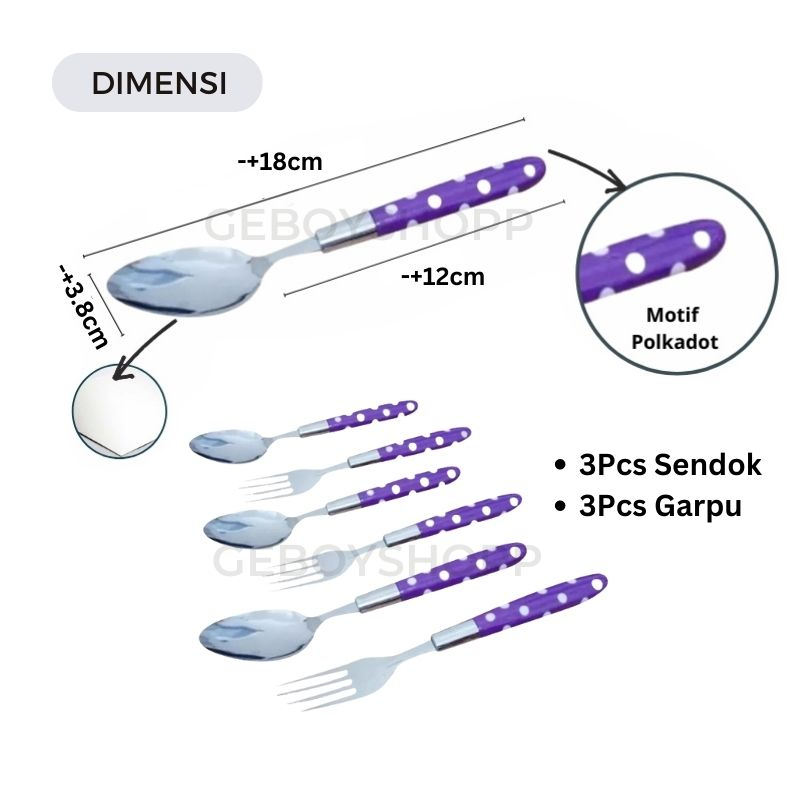 Sendok &amp; Garpu Makan Set Motif Polkadot (3 Pasang)