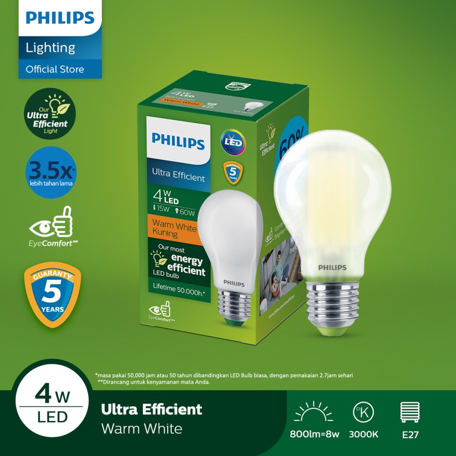 Philips LED Bulb Ultra Efficient – 4W E27 2700 Warm White - Kuning