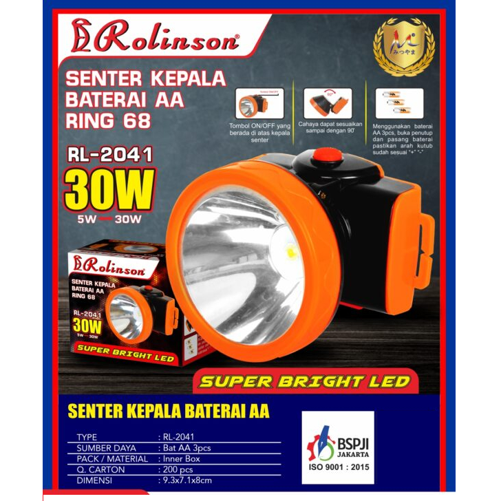 ( COD ) Senter Kepala Baterai AA Ring 68 headlmap RL-2041 cahaya PUTIH 2 MODE SUPER TERANG 30 WATT ROLINSON KEMAH MEMANCING