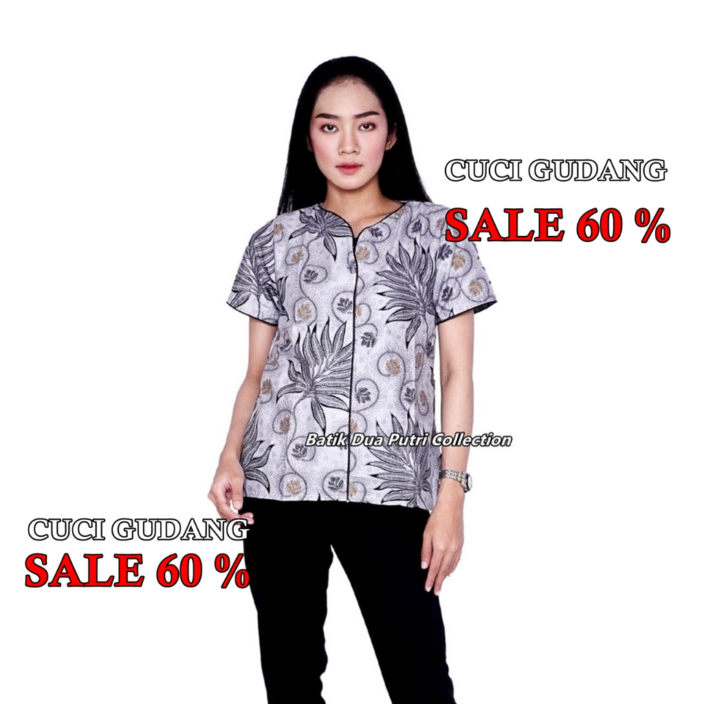 Atasan Blouse Batik Wanita Lengan Pendek Warna Silver By Batik Dua Putri Collection